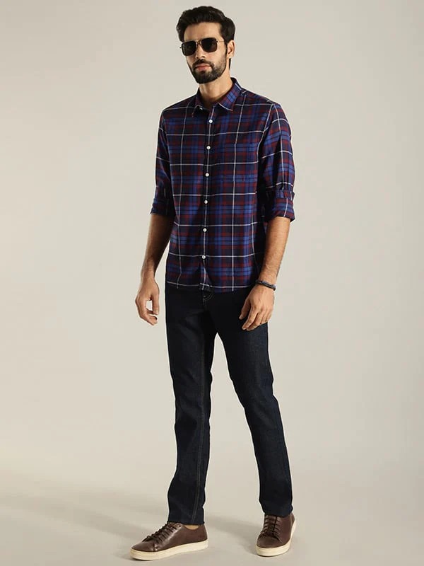 Indian Terrain Men Checkered Dark Blue Shirt